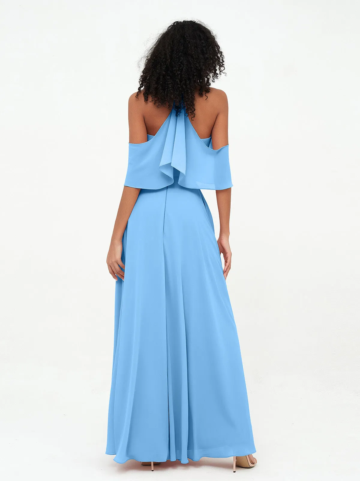Halter Off the Shoulder Max Dresses with Pockets-Blue