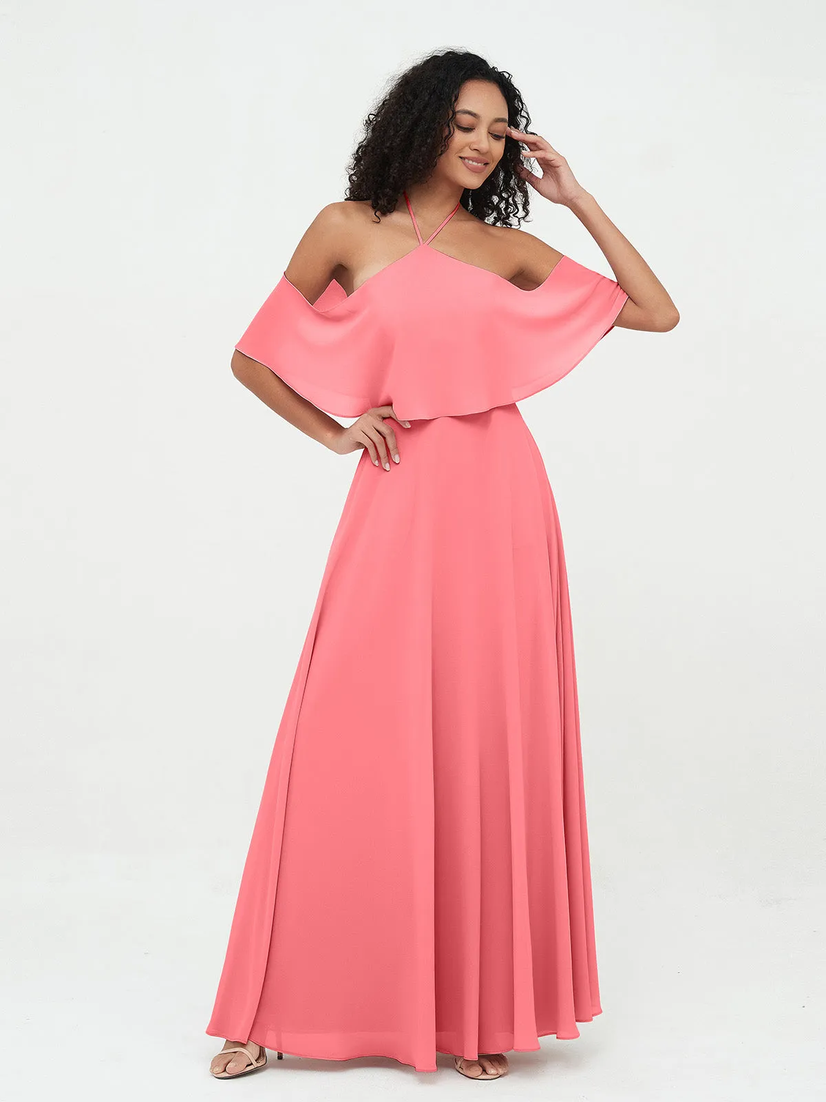 Halter Off the Shoulder Max Dresses with Pockets-Watermelon
