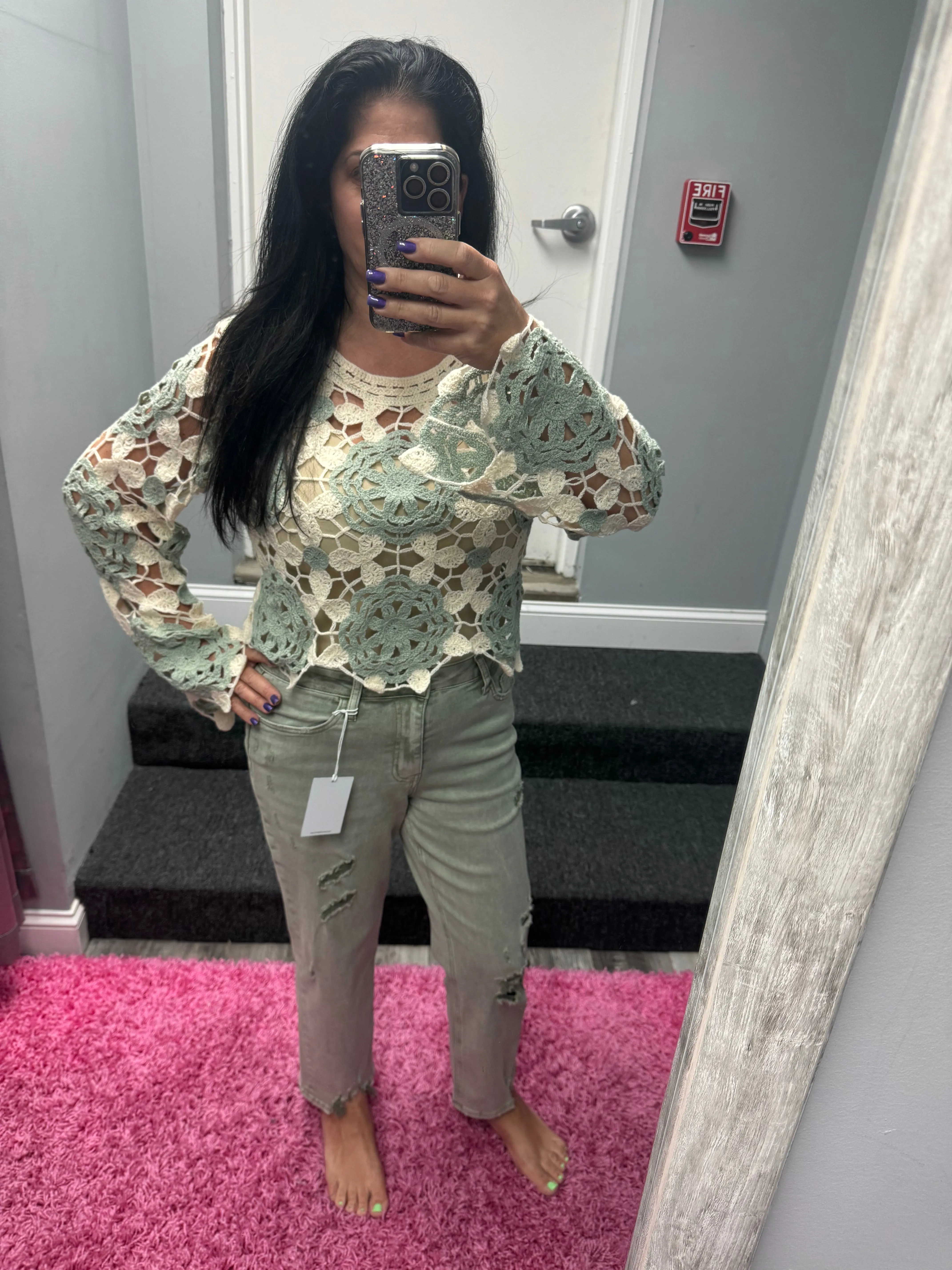 HEM & THREAD BOAT NECK BELL SLEEVE CROCHET TOP -SAGE/CREAM