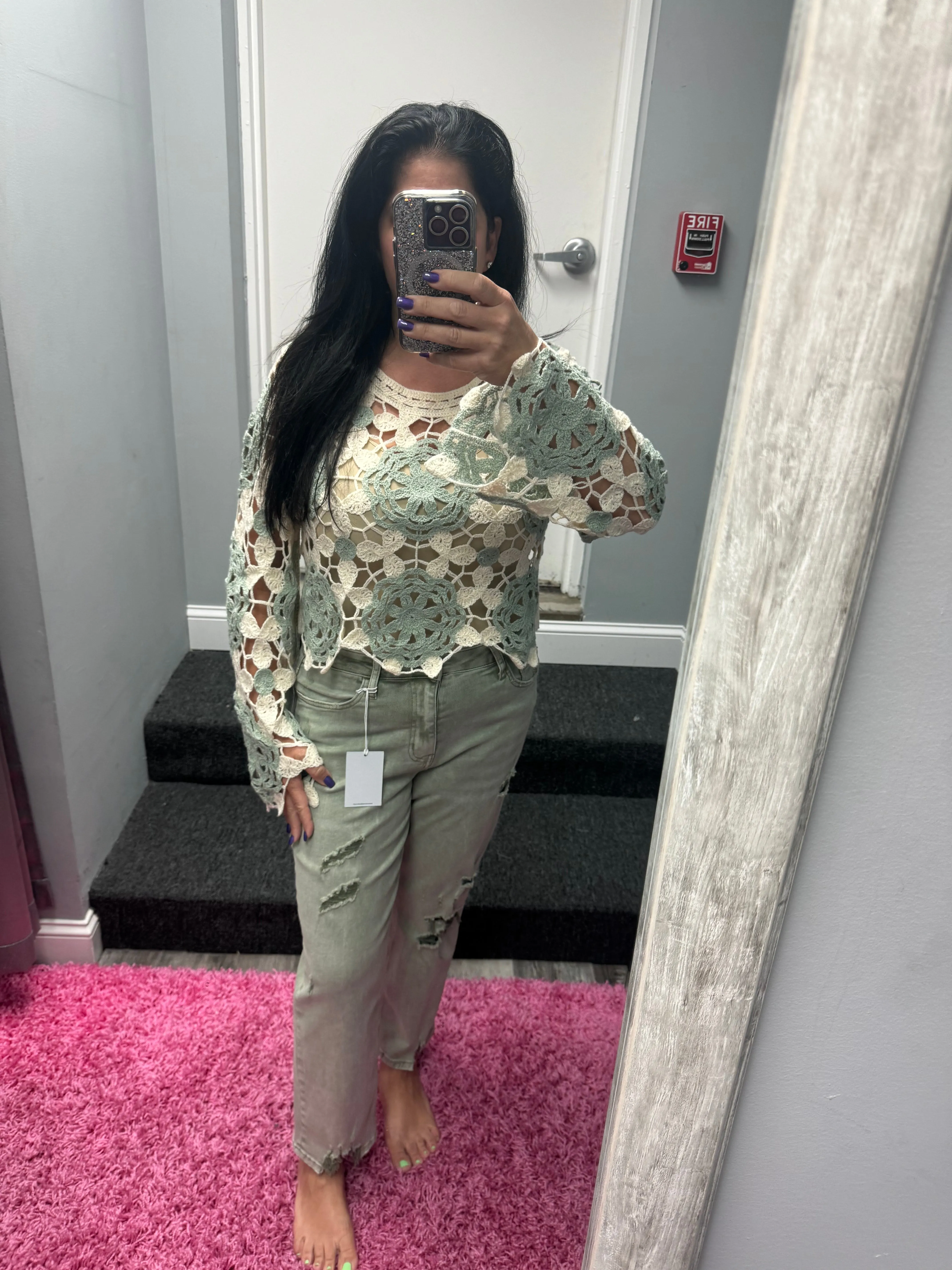 HEM & THREAD BOAT NECK BELL SLEEVE CROCHET TOP -SAGE/CREAM