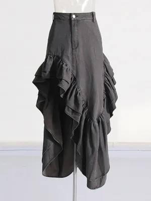 High Waist Ruffle Denim Skirt