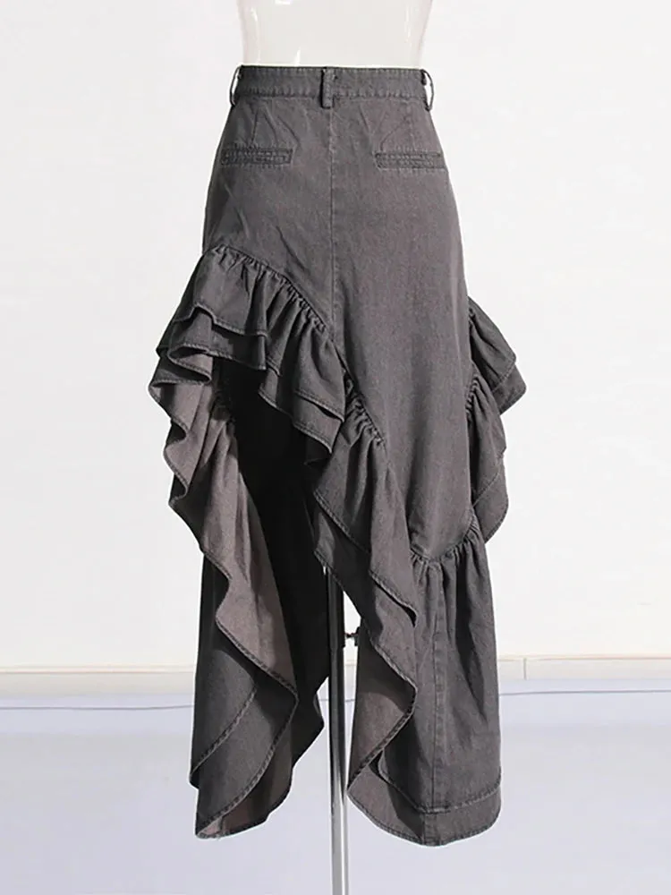 High Waist Ruffle Denim Skirt
