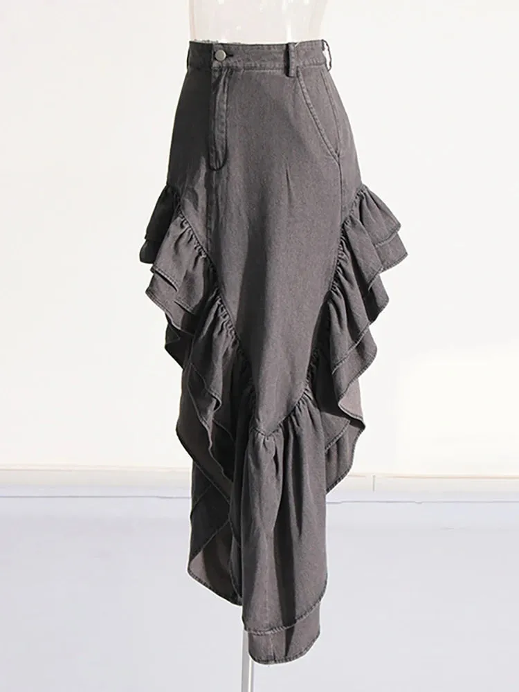 High Waist Ruffle Denim Skirt