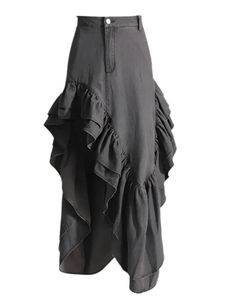 High Waist Ruffle Denim Skirt