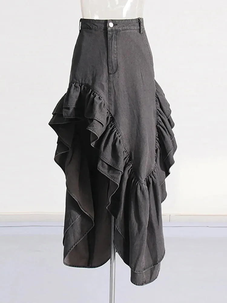 High Waist Ruffle Denim Skirt