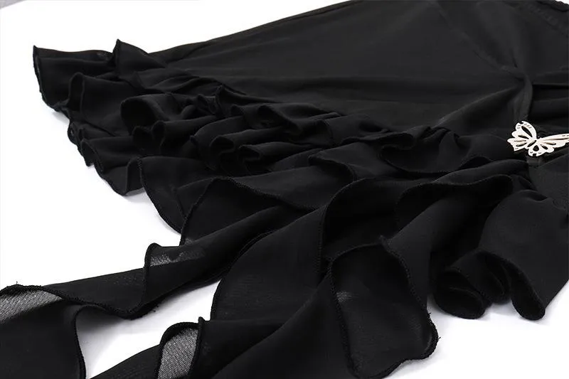 Irregular hollow out ribbon butterfly applique solid ruffle mini skirt goth Emo Darkwave Fashion