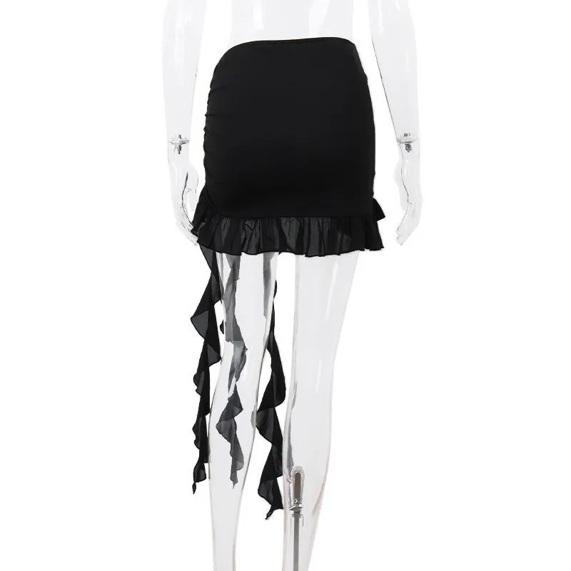 Irregular hollow out ribbon butterfly applique solid ruffle mini skirt goth Emo Darkwave Fashion
