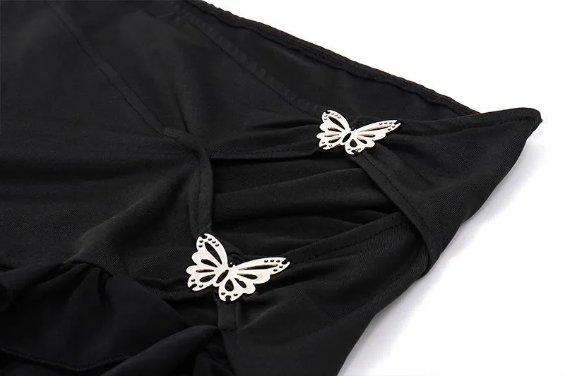 Irregular hollow out ribbon butterfly applique solid ruffle mini skirt goth Emo Darkwave Fashion