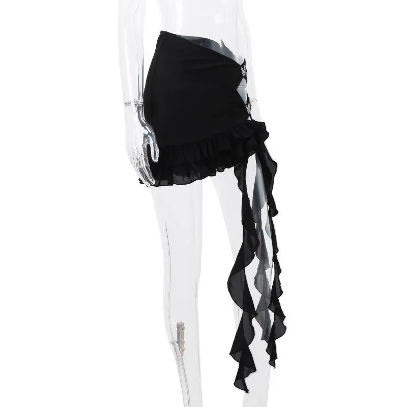 Irregular hollow out ribbon butterfly applique solid ruffle mini skirt goth Emo Darkwave Fashion