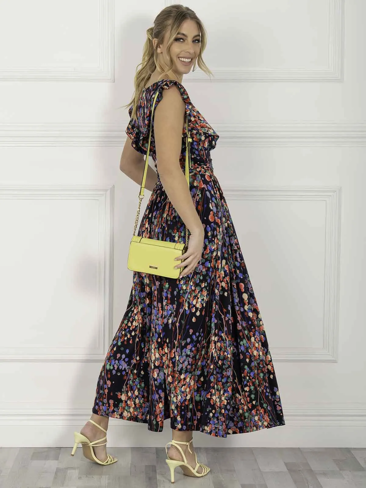 Jolie Moi Adalena Frill Shoulder Maxi Dress, Navy Multi