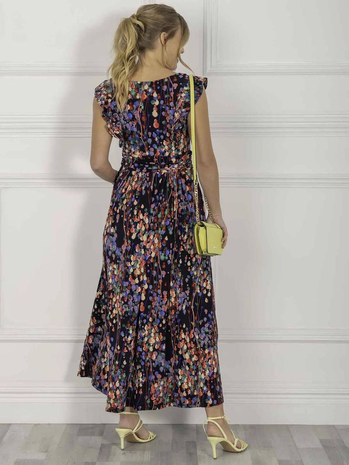Jolie Moi Adalena Frill Shoulder Maxi Dress, Navy Multi