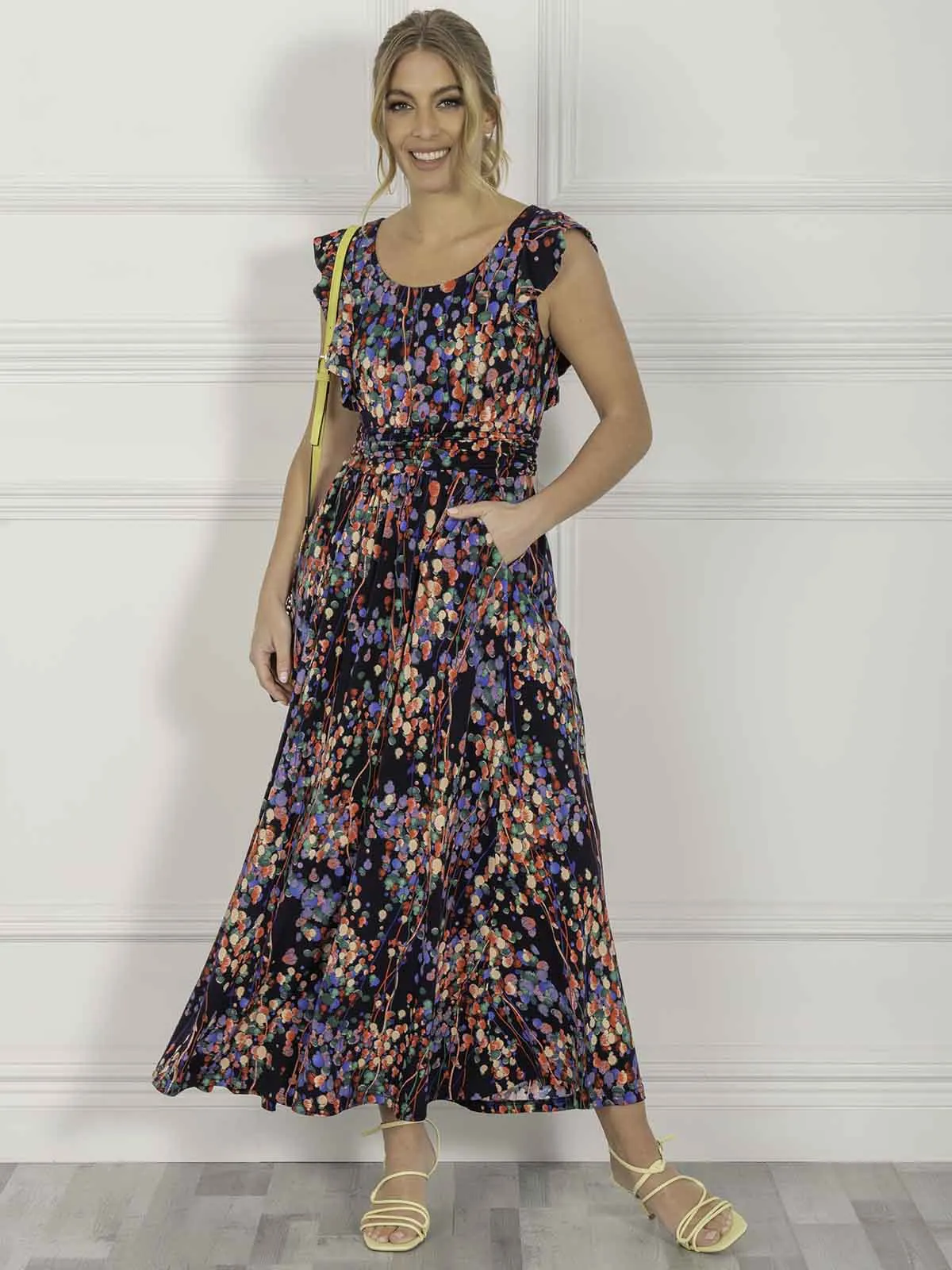 Jolie Moi Adalena Frill Shoulder Maxi Dress, Navy Multi
