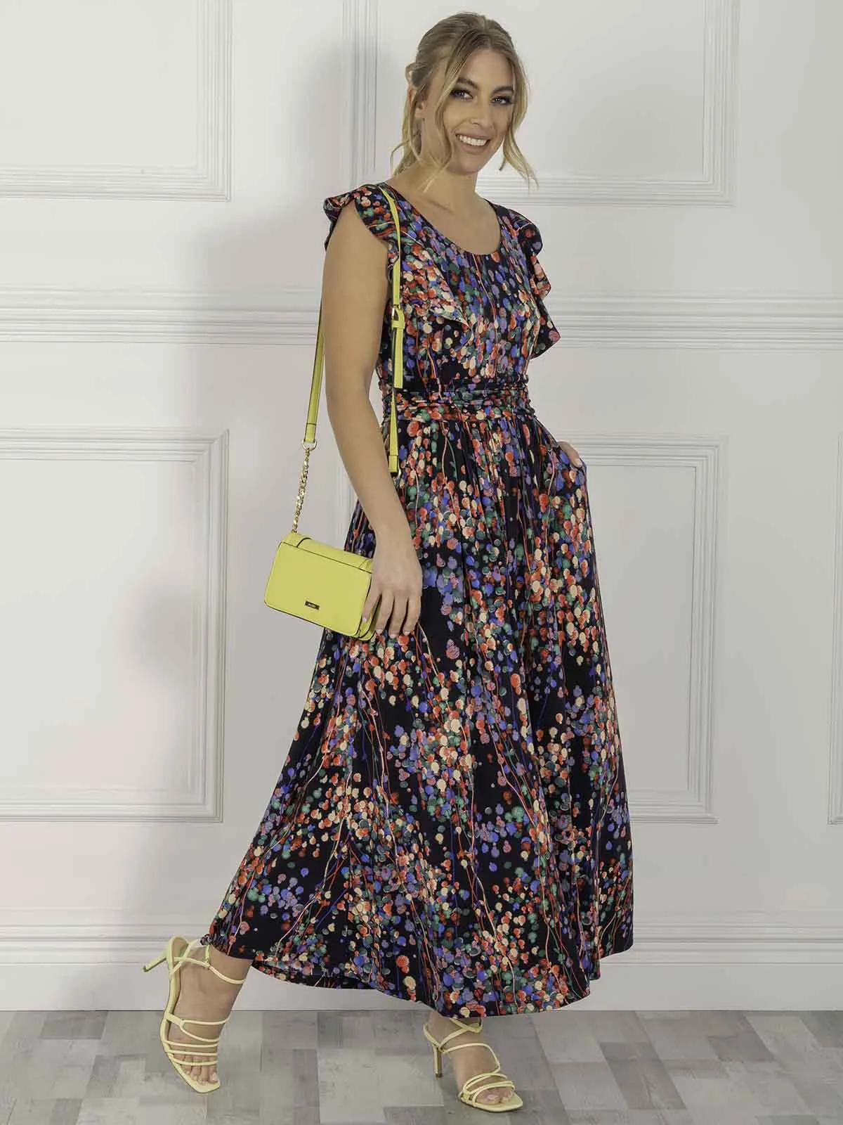 Jolie Moi Adalena Frill Shoulder Maxi Dress, Navy Multi