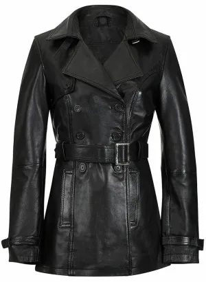 Knee Length Women's Black Leather Trench Coat