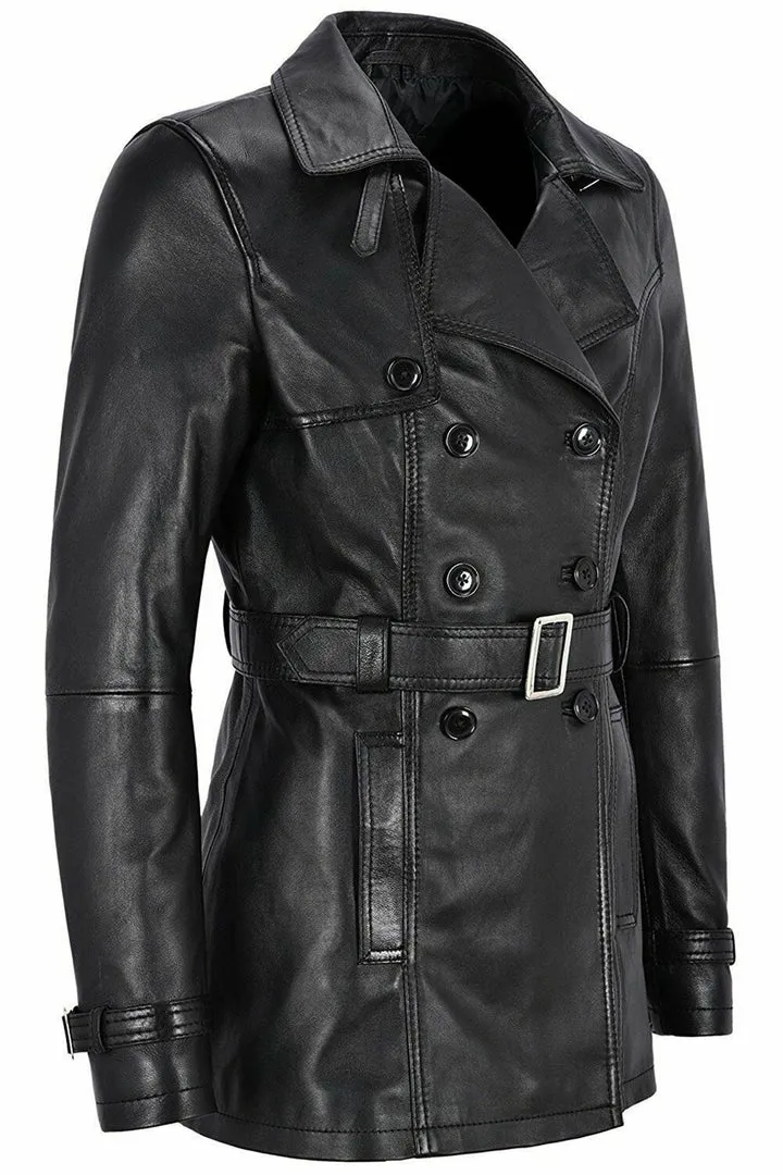 Knee Length Women's Black Leather Trench Coat