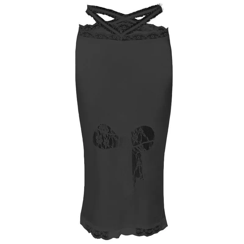 Lace patchwork cross back chiffon solid midi skirt y2k 90s Revival Techno Fashion