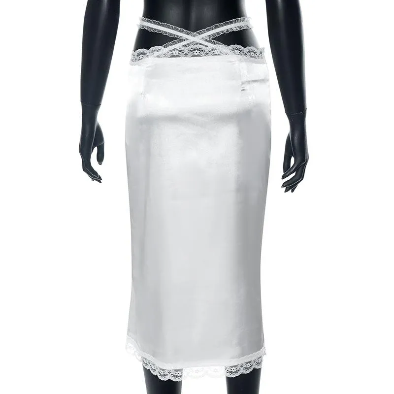 Lace patchwork cross back chiffon solid midi skirt y2k 90s Revival Techno Fashion