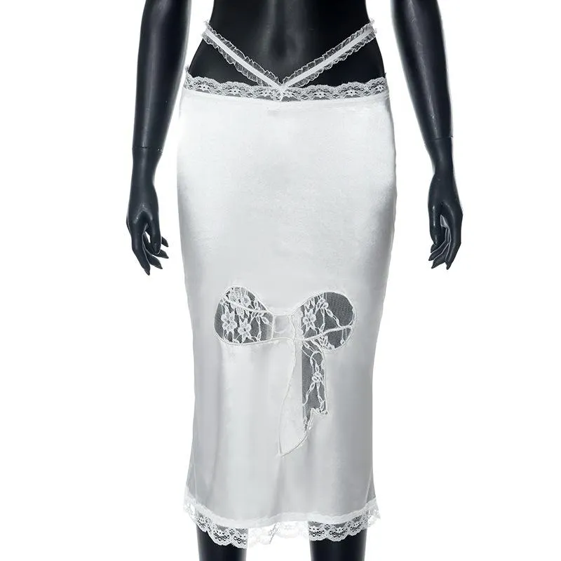 Lace patchwork cross back chiffon solid midi skirt y2k 90s Revival Techno Fashion