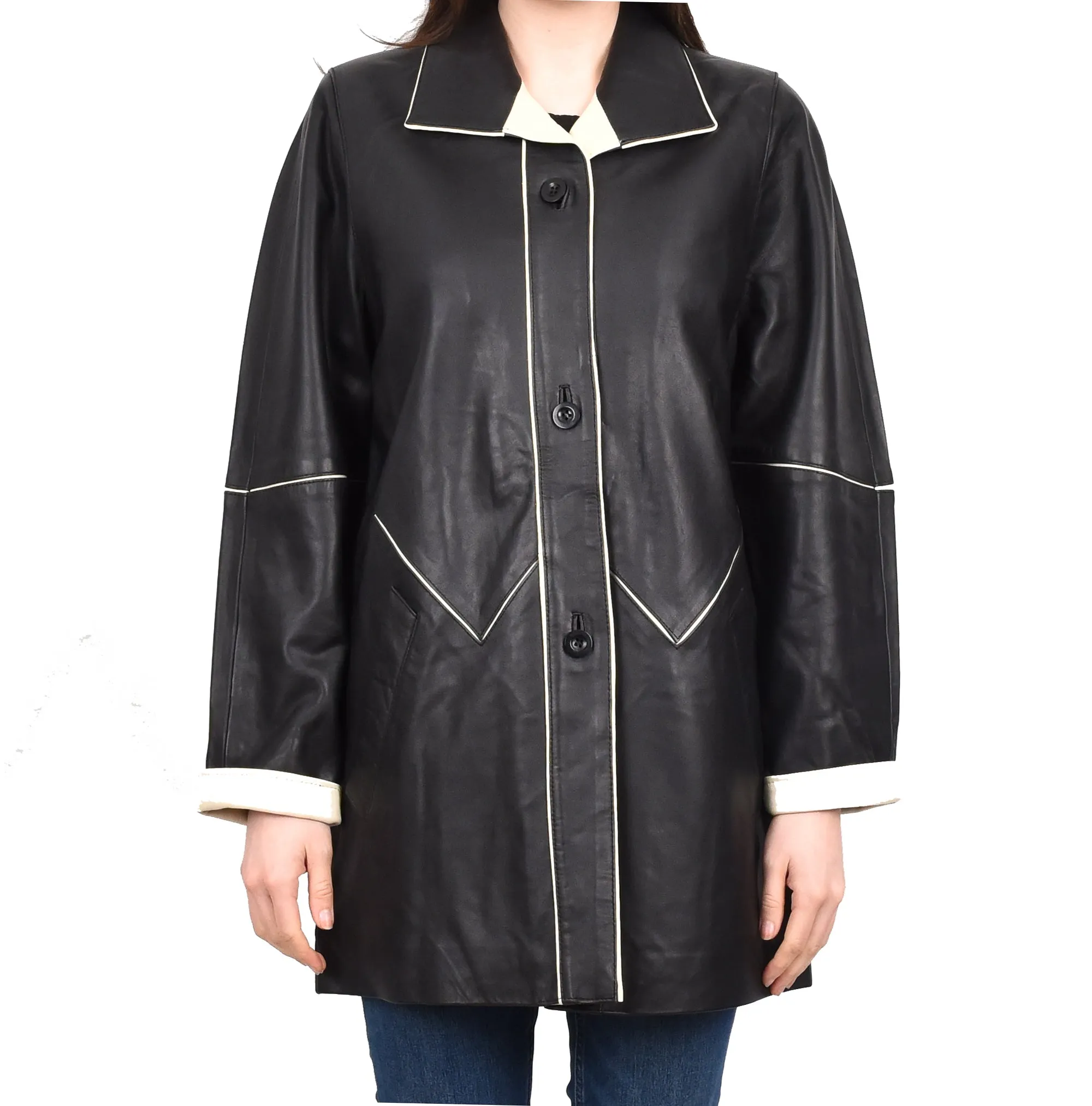 Ladies Classic Parka Real Leather Coat Trim Jacket Black-Beige Elara