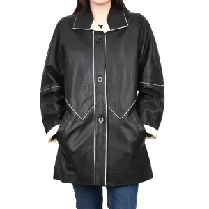 Ladies Classic Parka Real Leather Coat Trim Jacket Black-Beige Elara