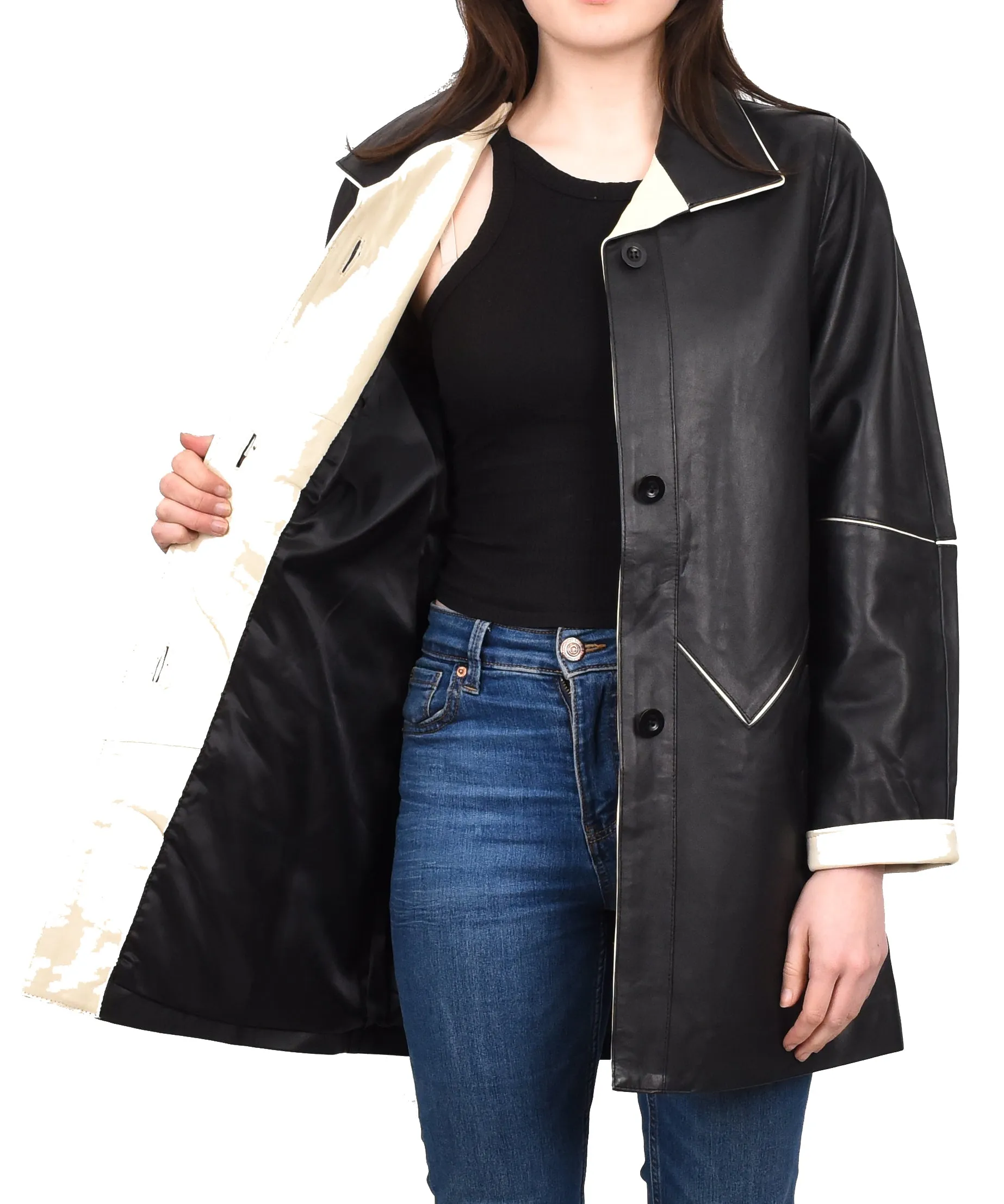 Ladies Classic Parka Real Leather Coat Trim Jacket Black-Beige Elara