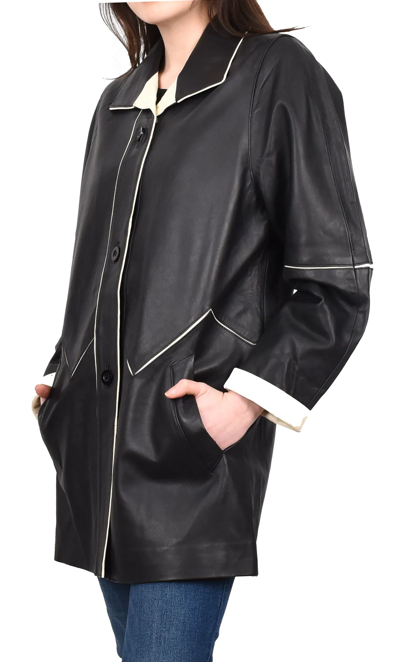 Ladies Classic Parka Real Leather Coat Trim Jacket Black-Beige Elara