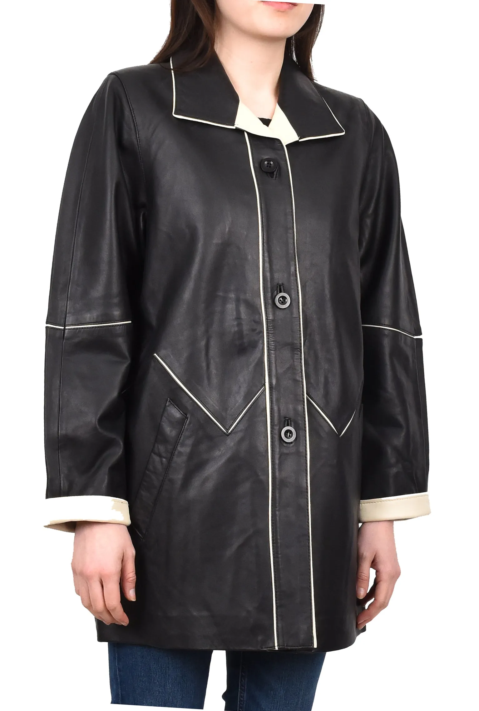 Ladies Classic Parka Real Leather Coat Trim Jacket Black-Beige Elara