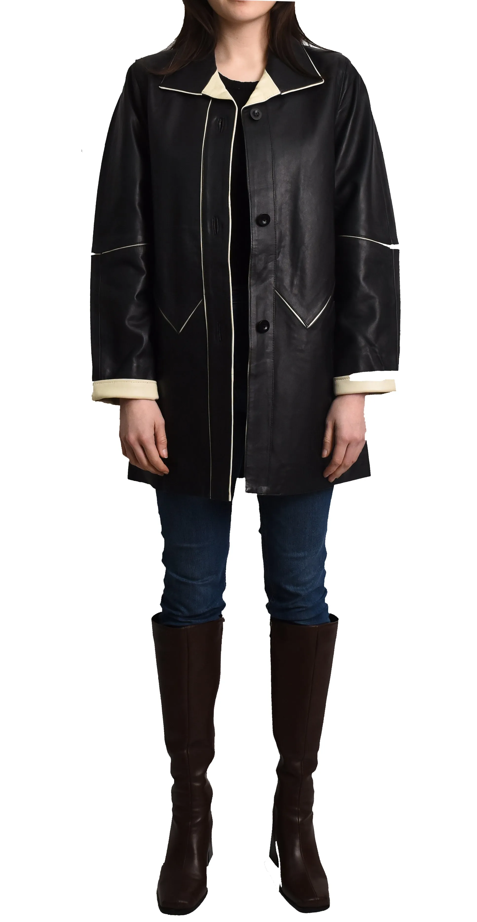 Ladies Classic Parka Real Leather Coat Trim Jacket Black-Beige Elara