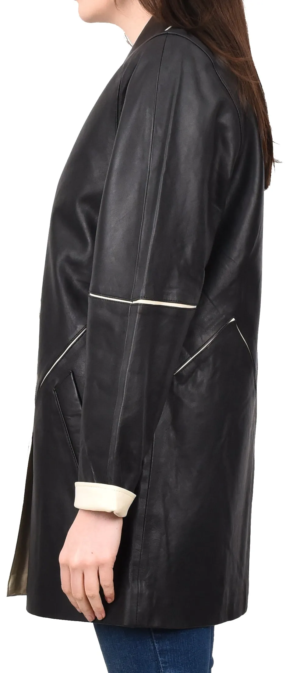 Ladies Classic Parka Real Leather Coat Trim Jacket Black-Beige Elara