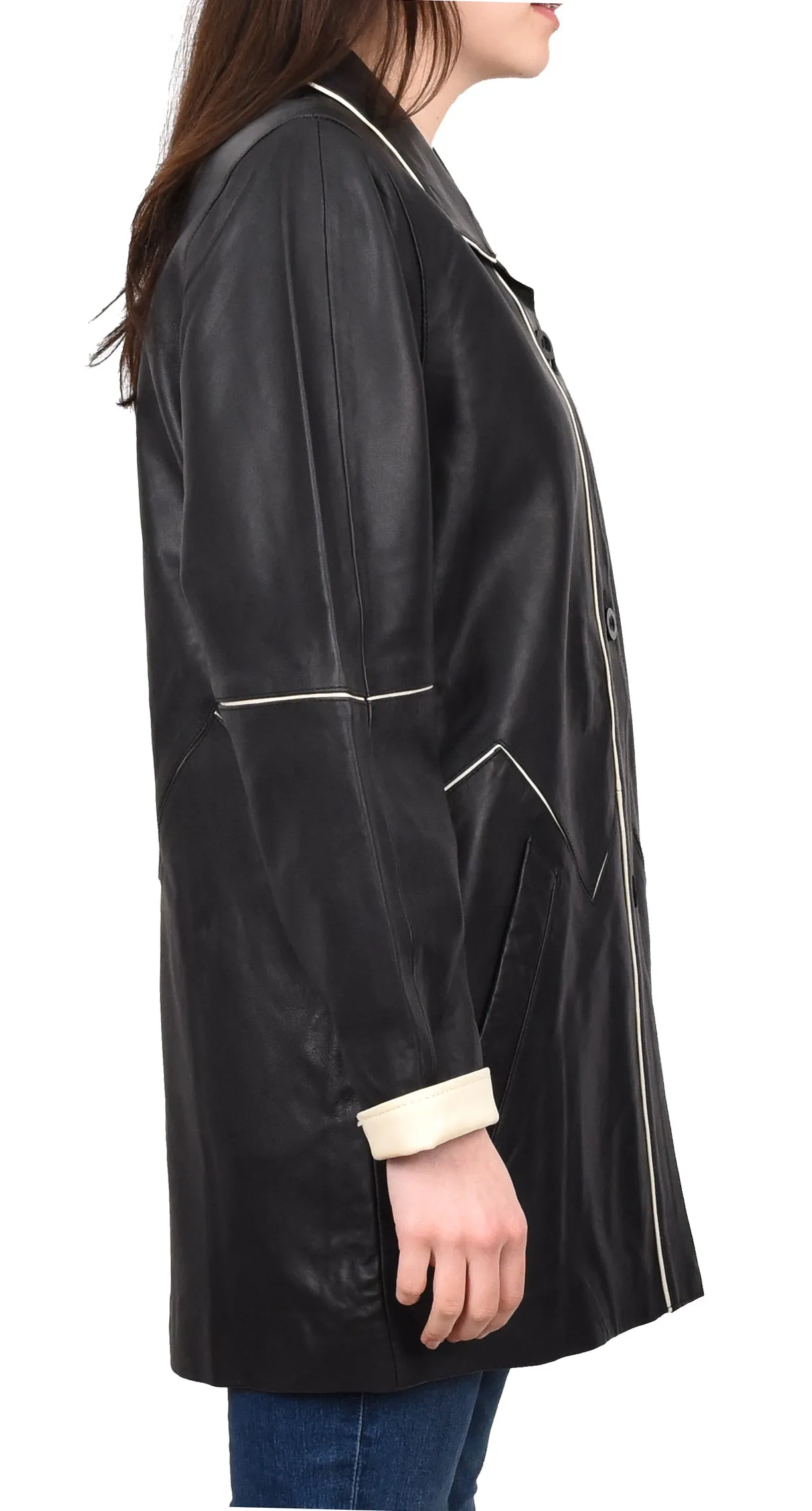 Ladies Classic Parka Real Leather Coat Trim Jacket Black-Beige Elara