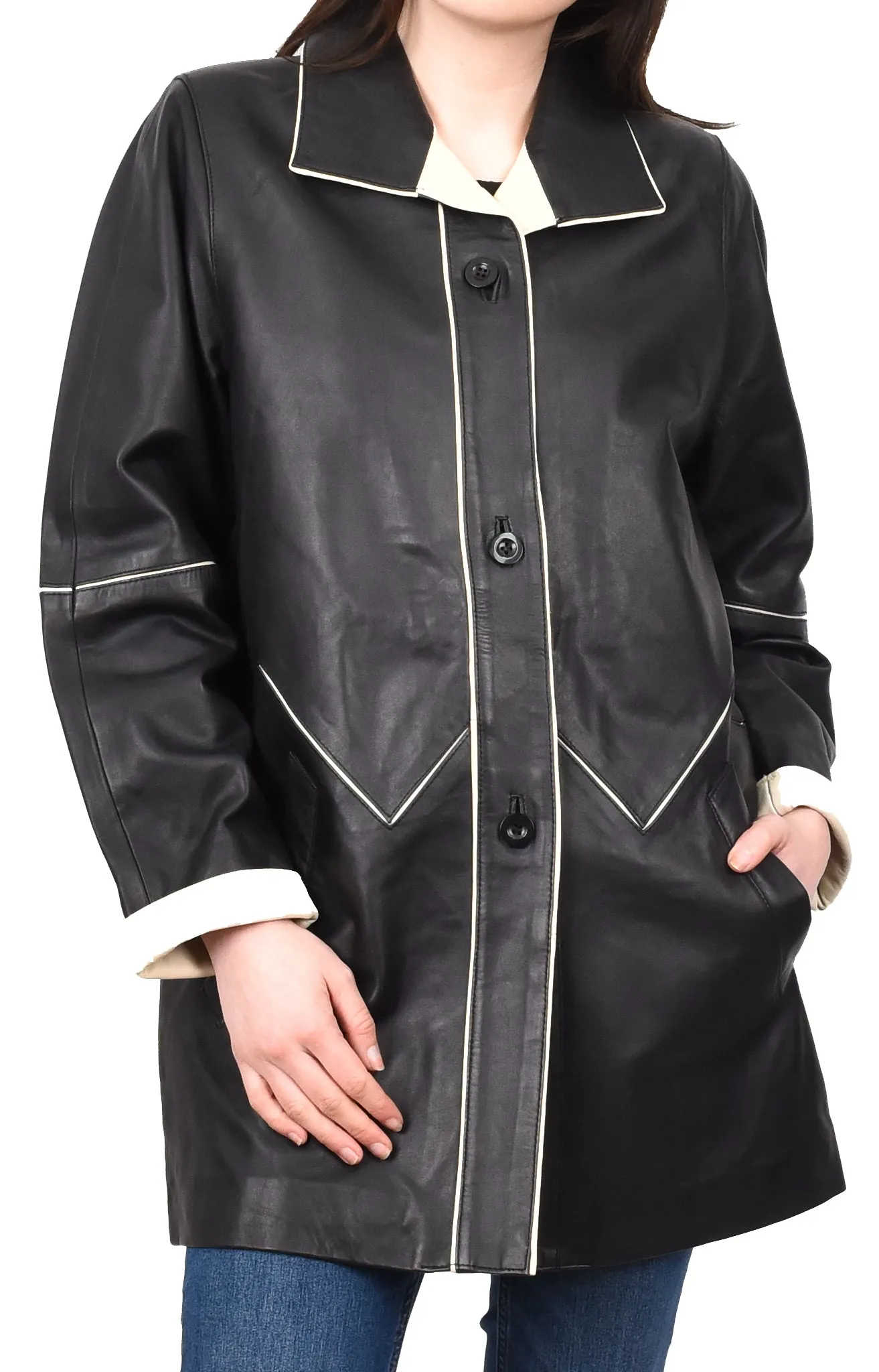 Ladies Classic Parka Real Leather Coat Trim Jacket Black-Beige Elara
