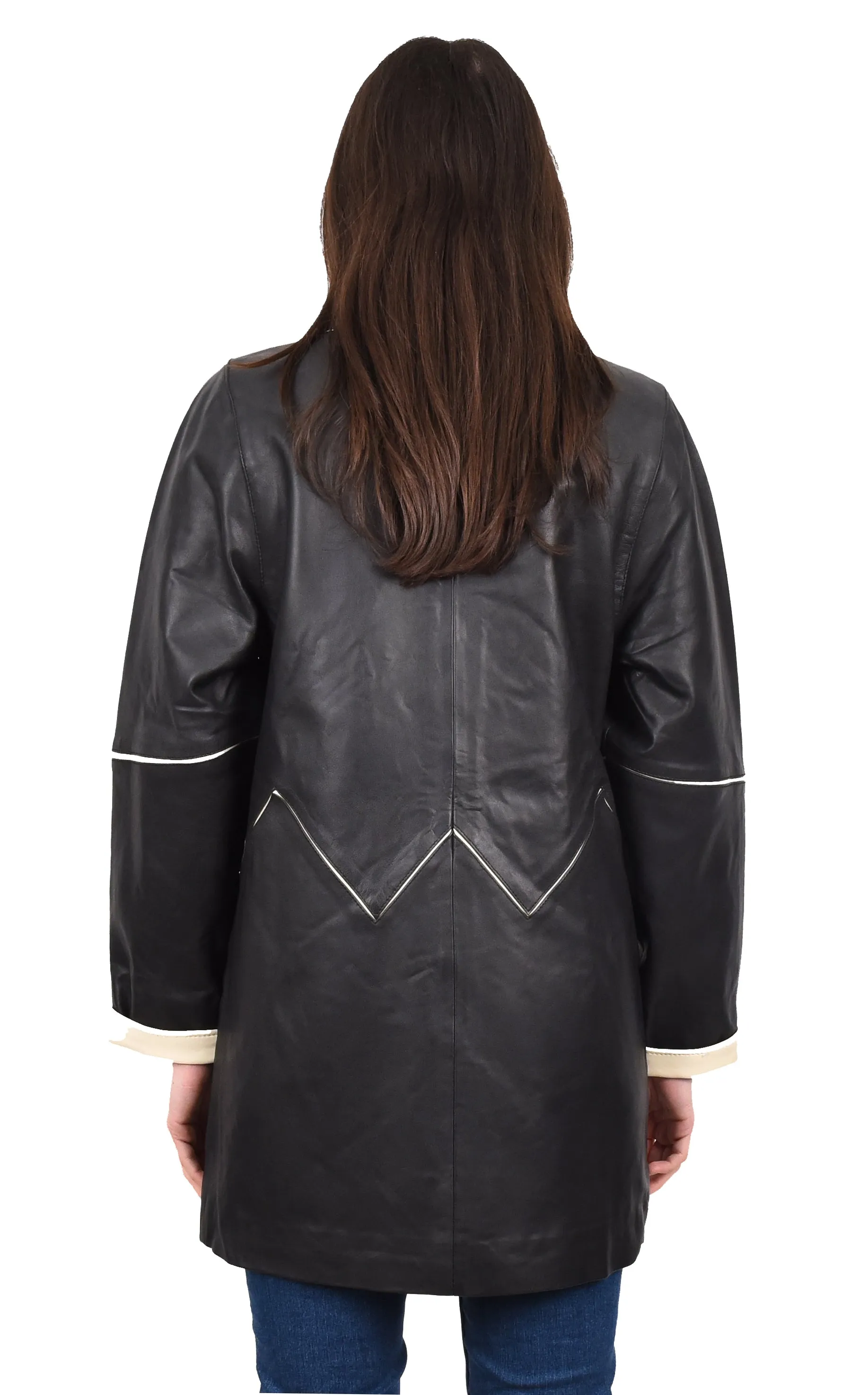 Ladies Classic Parka Real Leather Coat Trim Jacket Black-Beige Elara