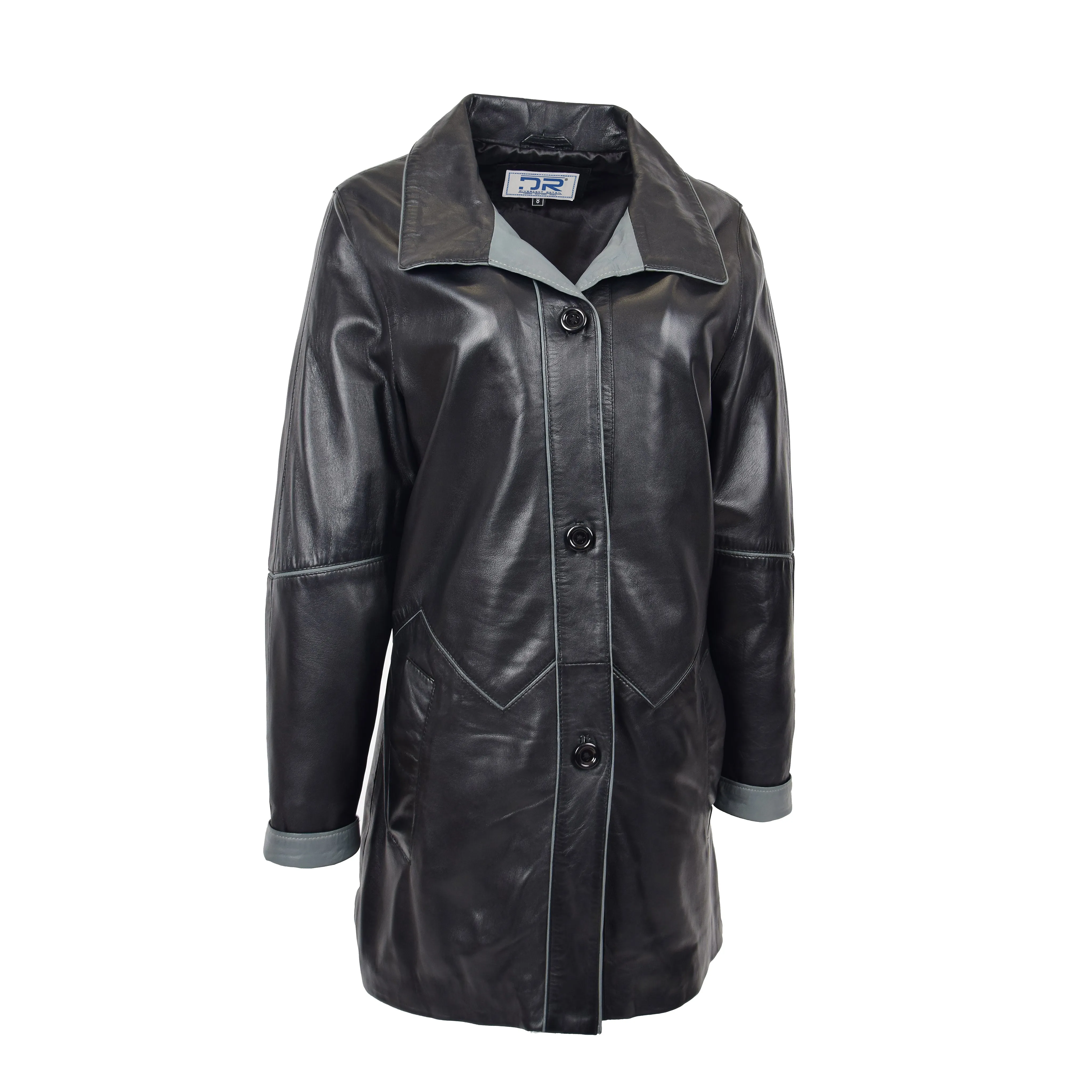 Ladies Classic Parka Real Leather Coat Trim Jacket Black-Grey Elara