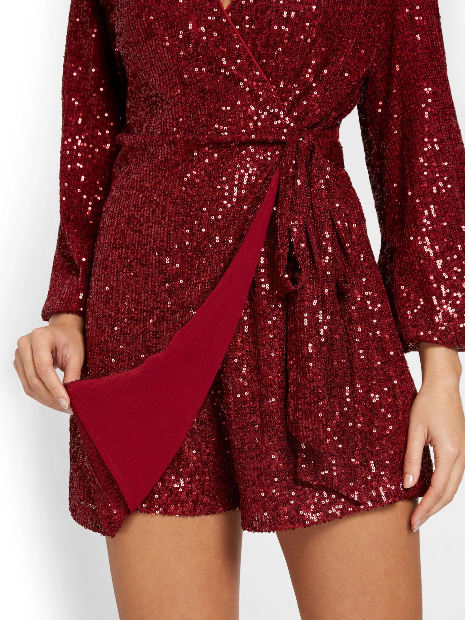 Lena Long-Sleeve Wrap Sequin Romper - Brands We Love