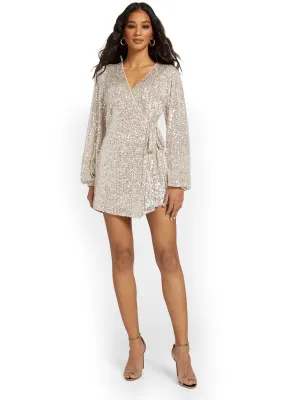Lena Long-Sleeve Wrap Sequin Romper - Brands We Love