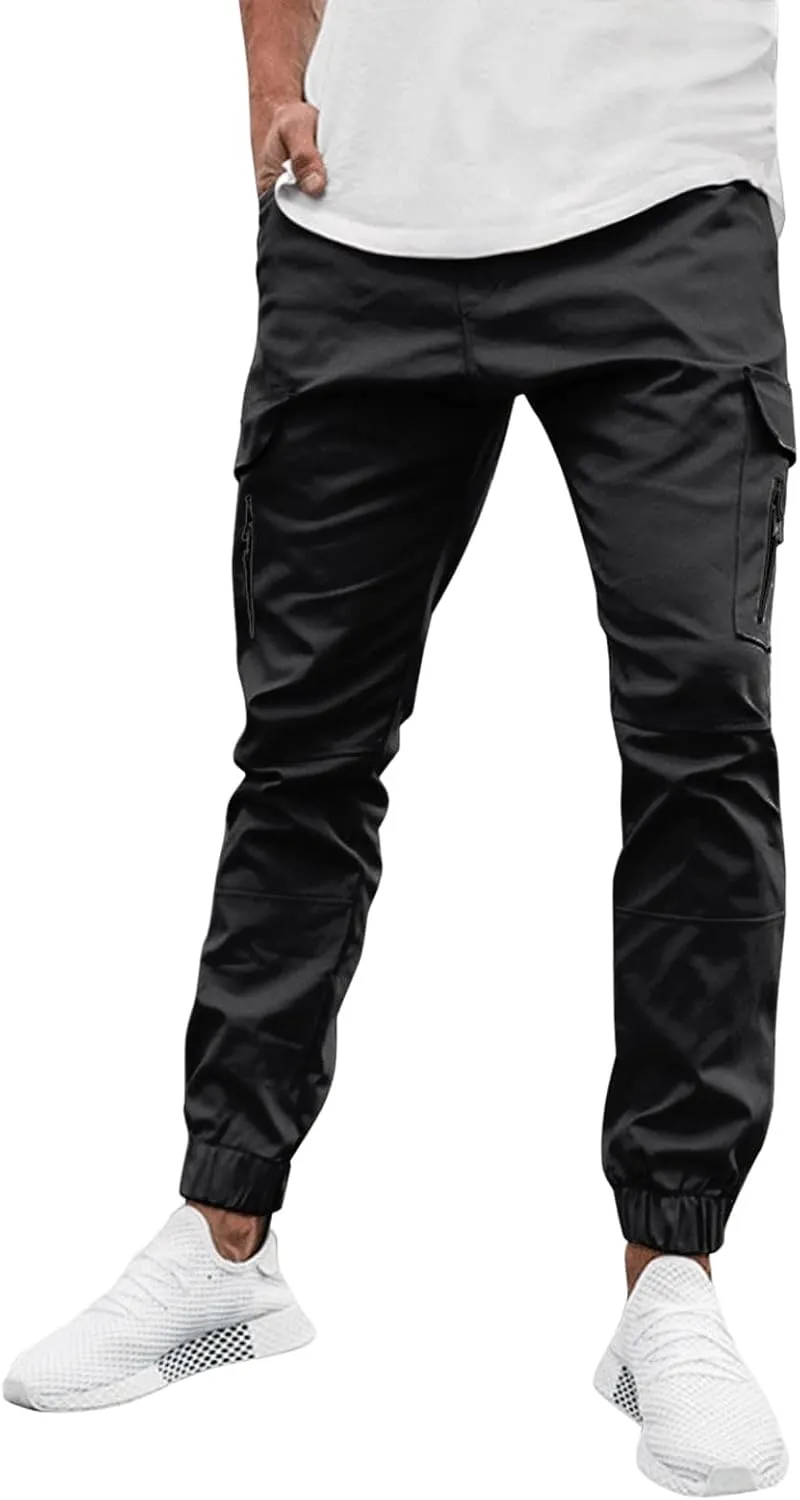 Mens Cargo Pants Stretch Zip Casual Stylish Lightweight Slim Fit Solid Pants Outdoor Sports Yoga Trousers with Pockets
