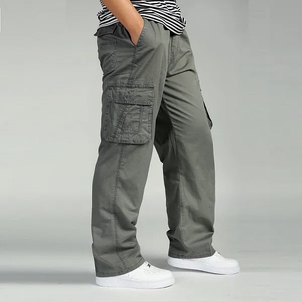 Men's Pants Large size Big 4xl 5xl 6xl Plus Summer Men Elastic Waist Multi Pocket Long Baggy Straight Cargo Jogger Trousers Male