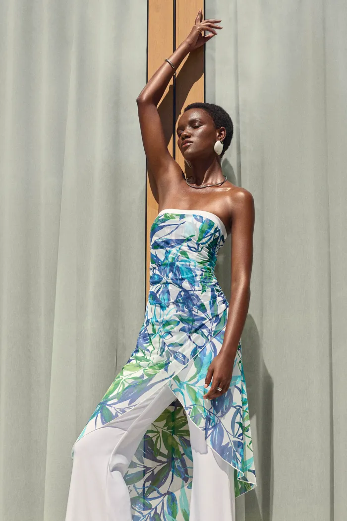 Mesh and Silky Knit Tropical Print Jumpsuit