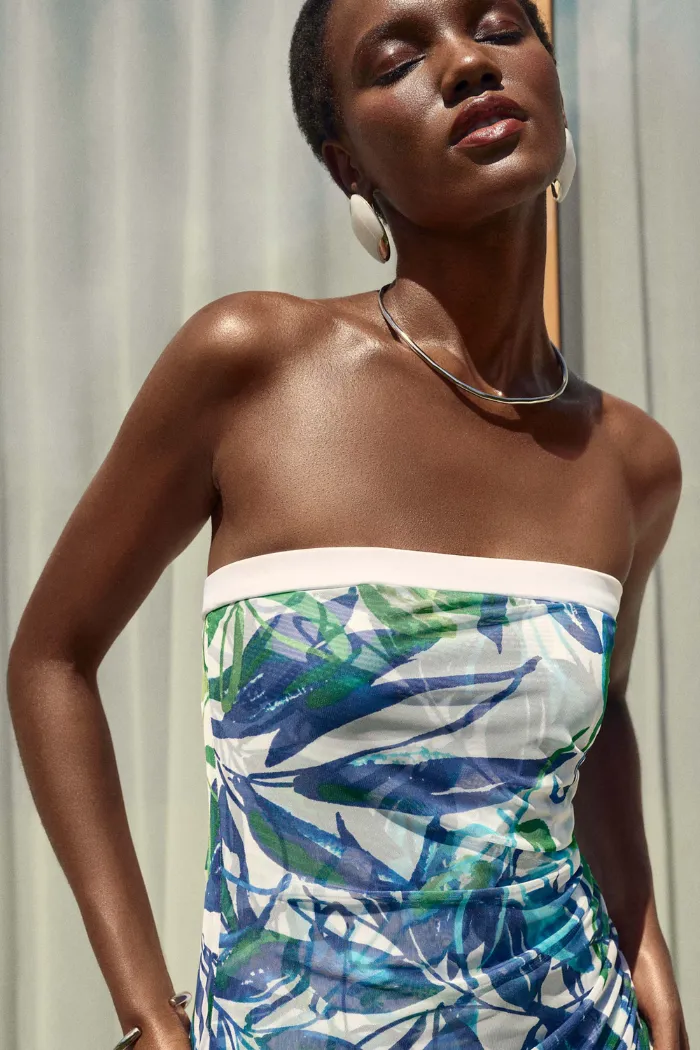 Mesh and Silky Knit Tropical Print Jumpsuit