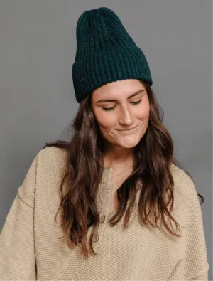 Metallic Ribbed Beanie in Hunter Green