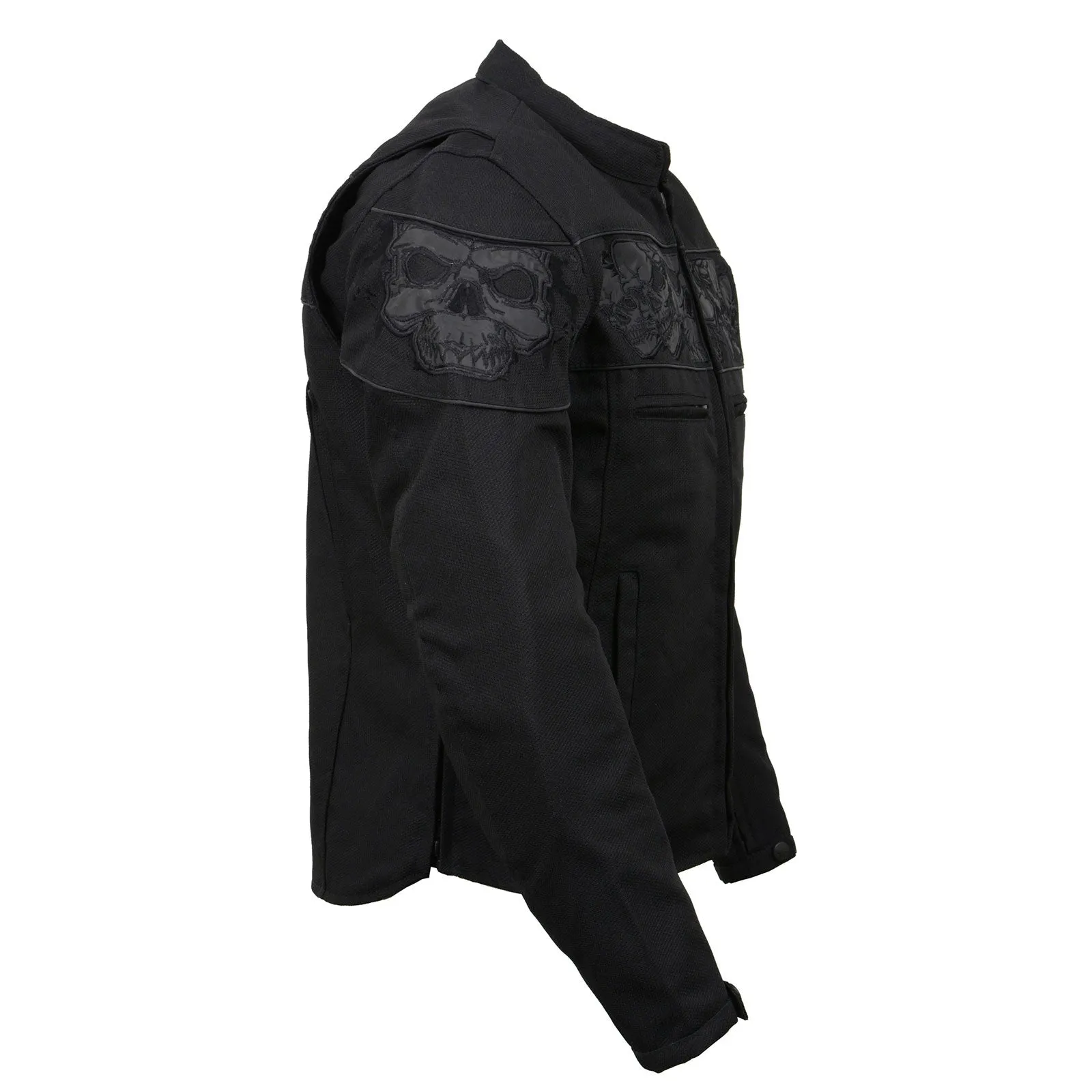 MPM1730 Black Padded Textile Motorcycle Jacket for Men w/ Reflective Skulls - All Season Motorcycle Jacket