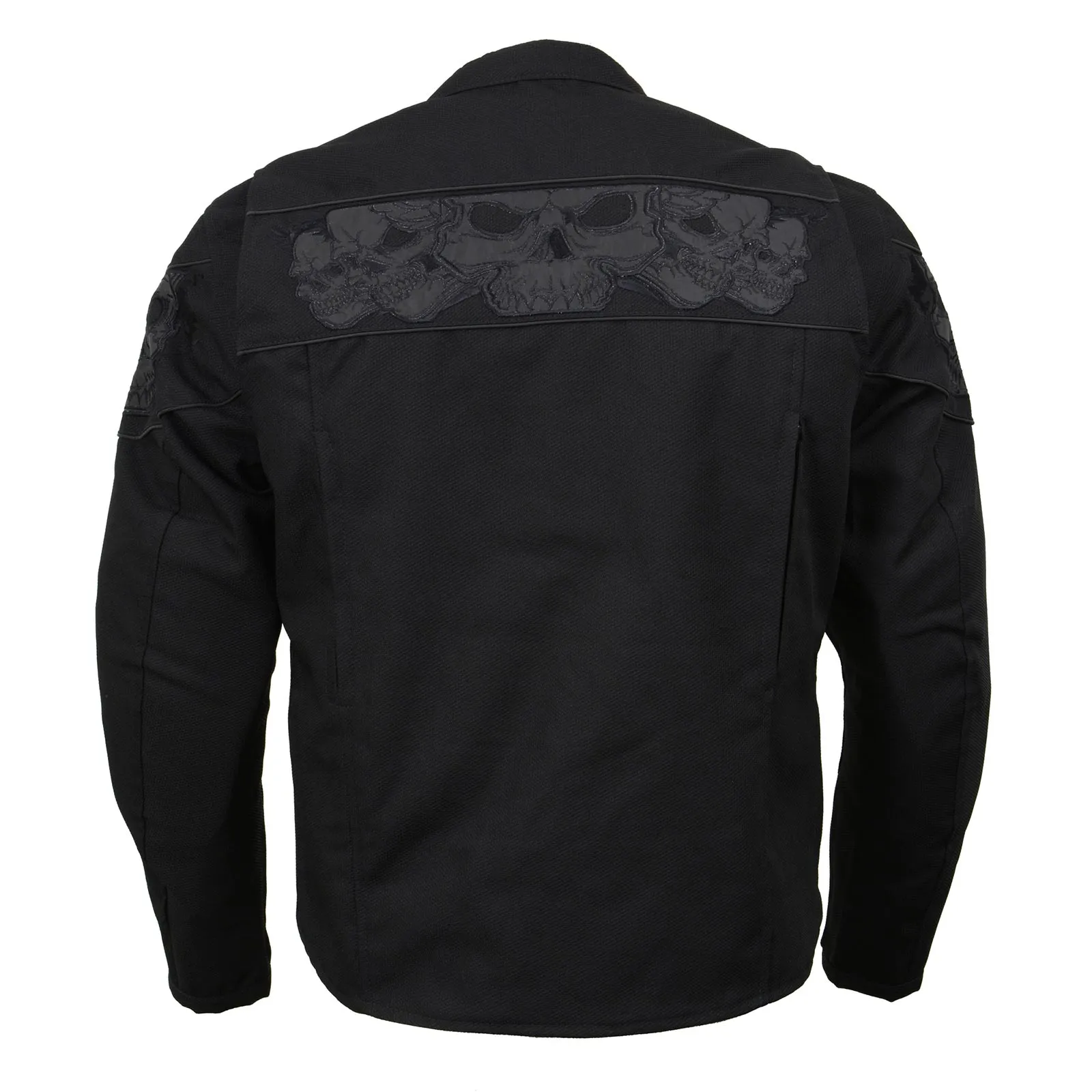 MPM1730 Black Padded Textile Motorcycle Jacket for Men w/ Reflective Skulls - All Season Motorcycle Jacket