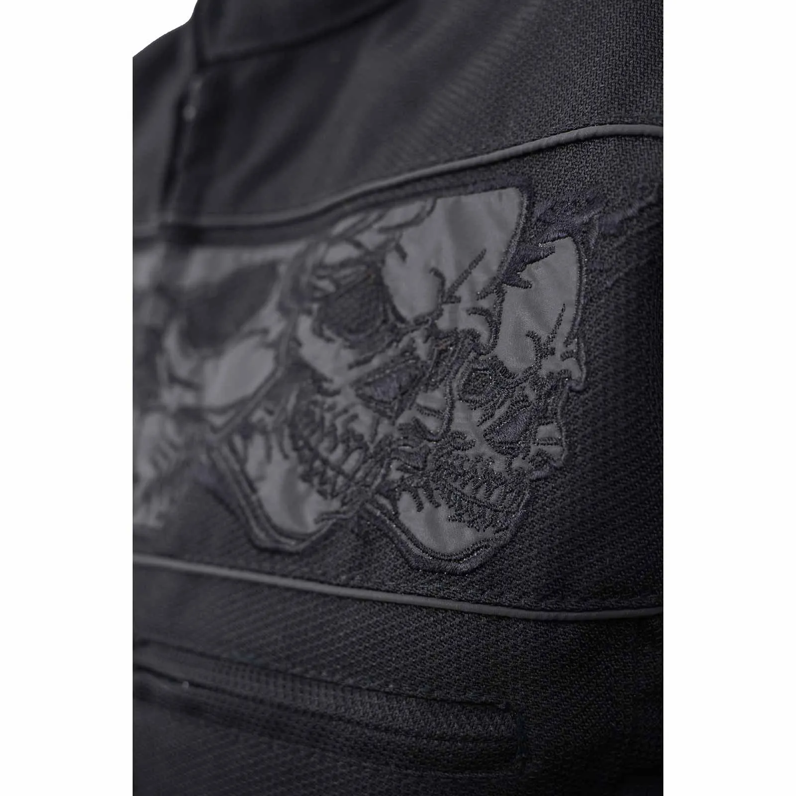 MPM1730 Black Padded Textile Motorcycle Jacket for Men w/ Reflective Skulls - All Season Motorcycle Jacket