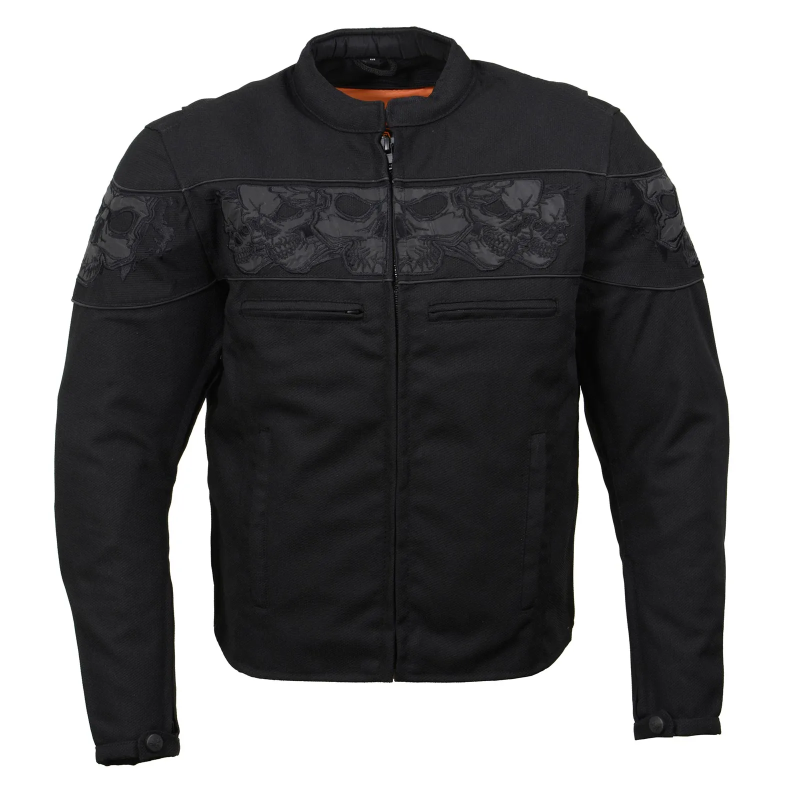 MPM1730 Black Padded Textile Motorcycle Jacket for Men w/ Reflective Skulls - All Season Motorcycle Jacket