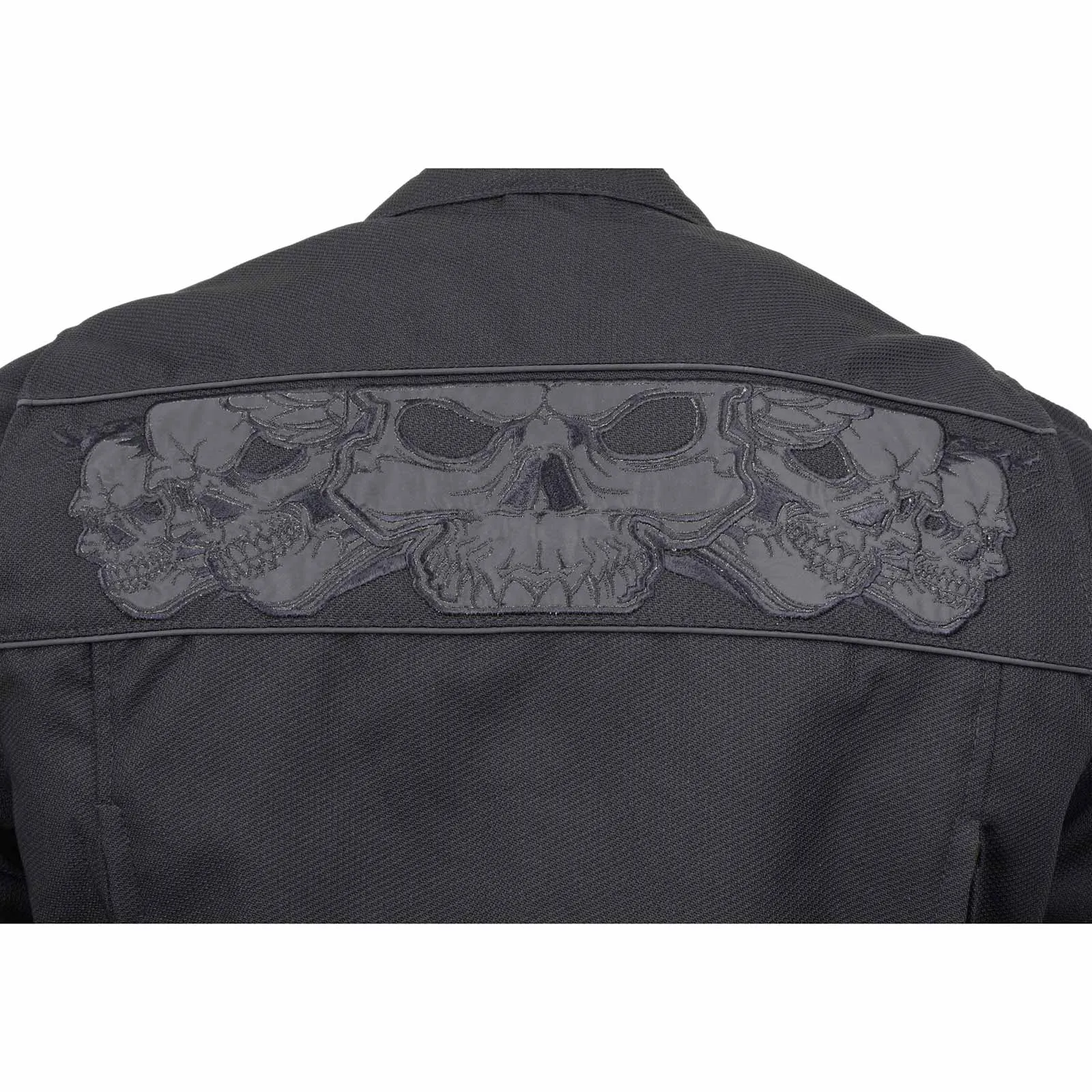 MPM1730 Black Padded Textile Motorcycle Jacket for Men w/ Reflective Skulls - All Season Motorcycle Jacket