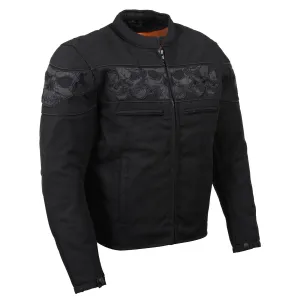 MPM1730 Black Padded Textile Motorcycle Jacket for Men w/ Reflective Skulls - All Season Motorcycle Jacket