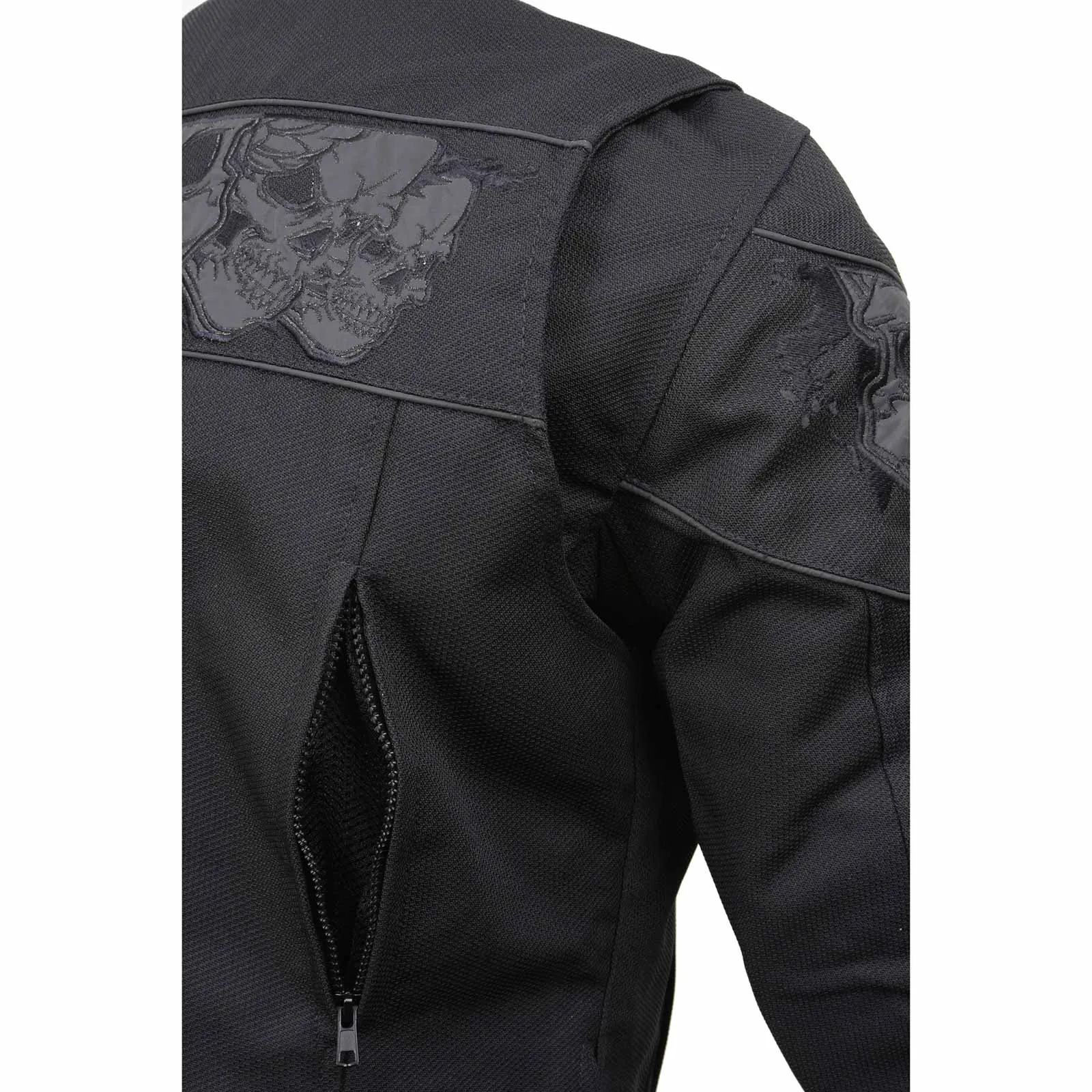 MPM1730 Black Padded Textile Motorcycle Jacket for Men w/ Reflective Skulls - All Season Motorcycle Jacket