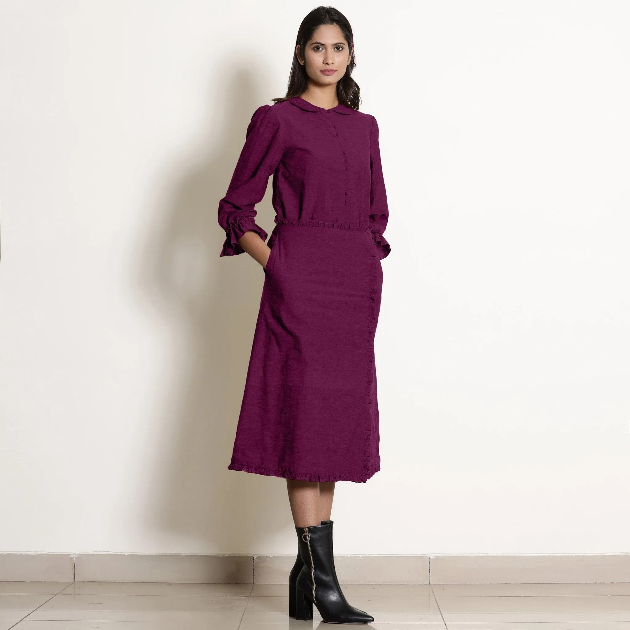 Mulberry Warm Cotton Frilled Mid-Rise Midi Skirt