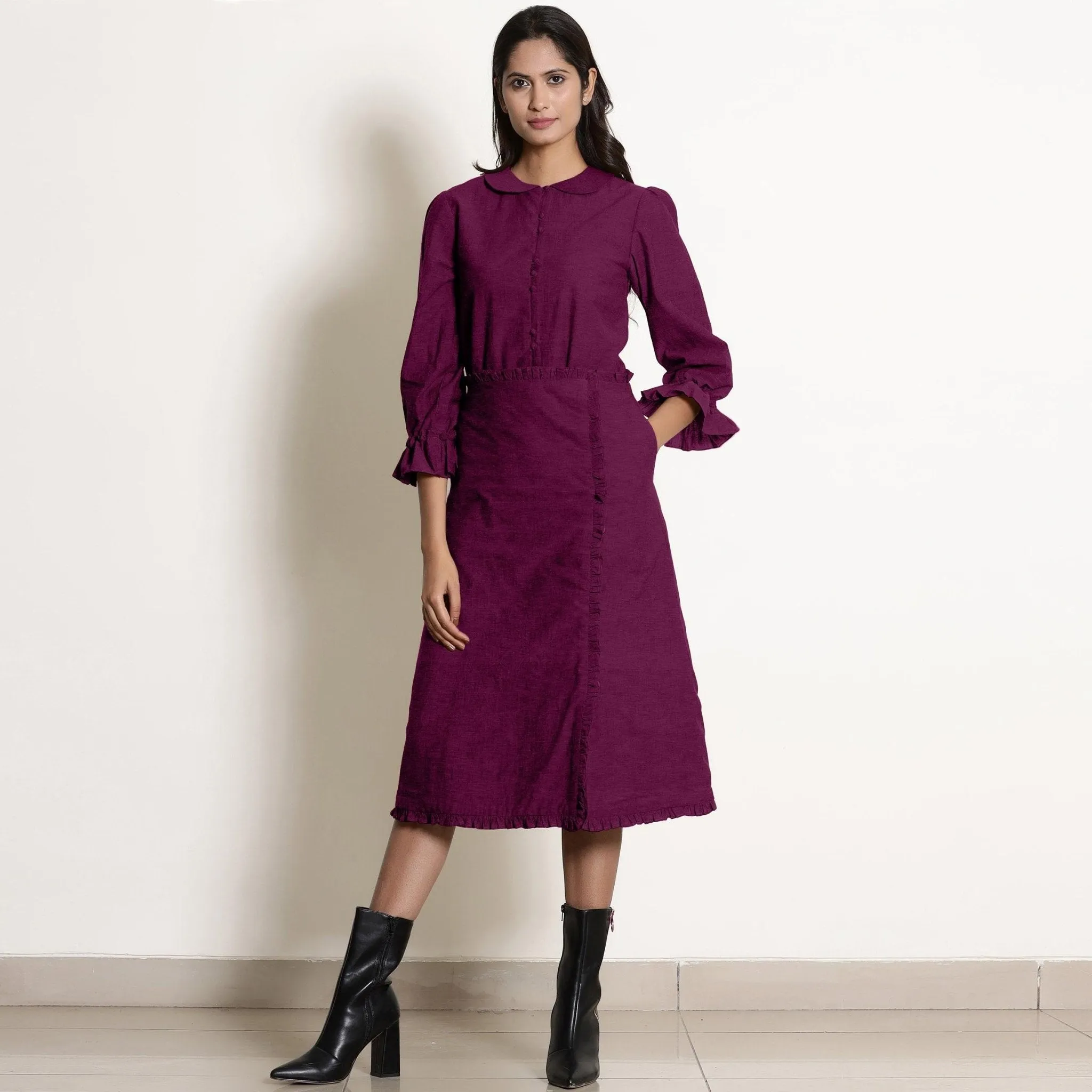Mulberry Warm Cotton Frilled Mid-Rise Midi Skirt