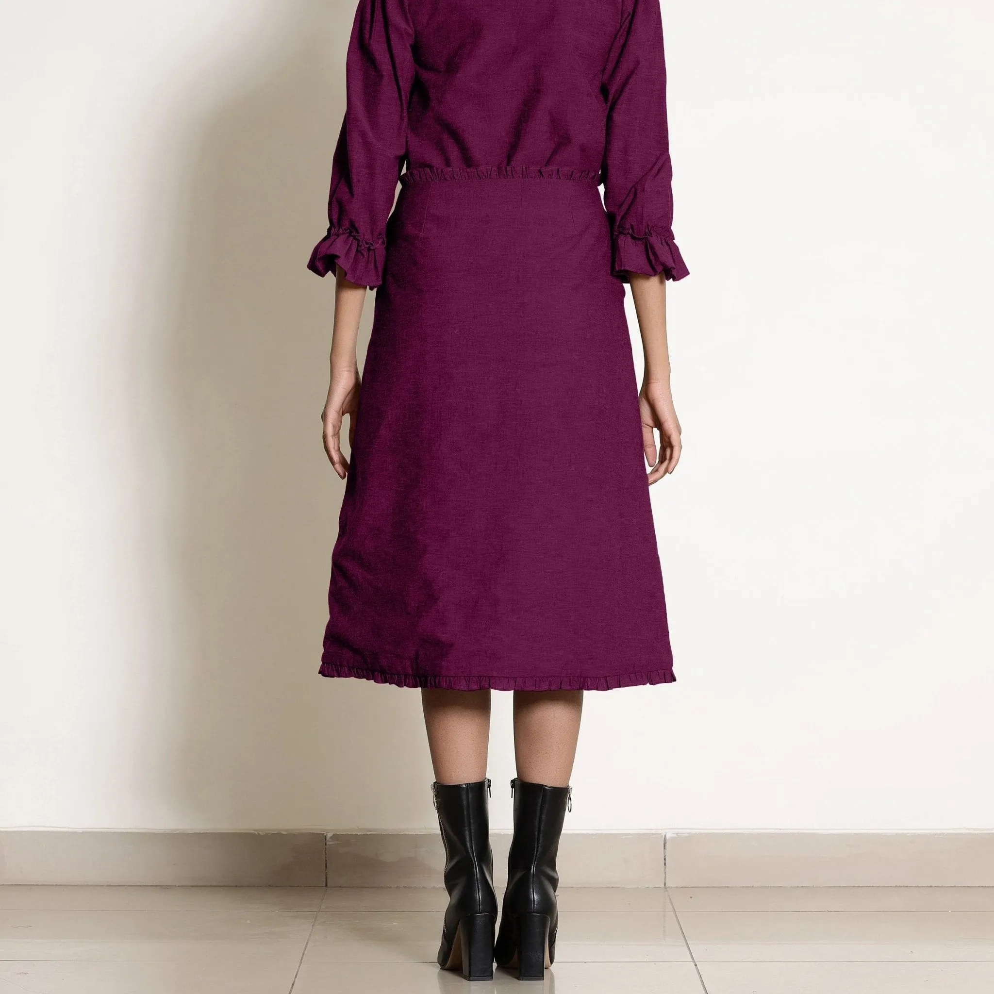 Mulberry Warm Cotton Frilled Mid-Rise Midi Skirt